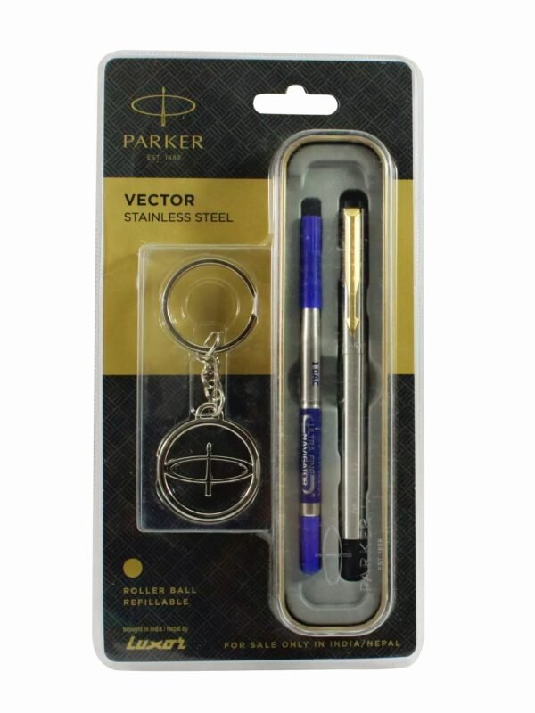 Parker Vector Stainless Steel Gold Trim Roller ball Pen + Key Chain (Pack of 1)